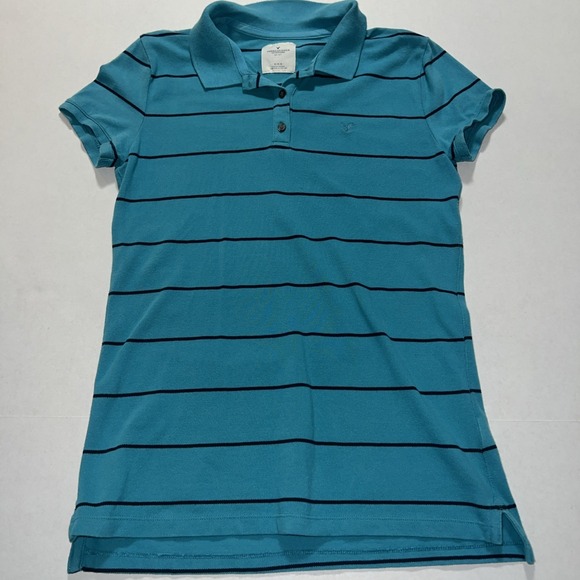 American Eagle Outfitters Tops - American Eagle Polo Shirt Women's Medium Blue Striped Embroidered Short Sleeve